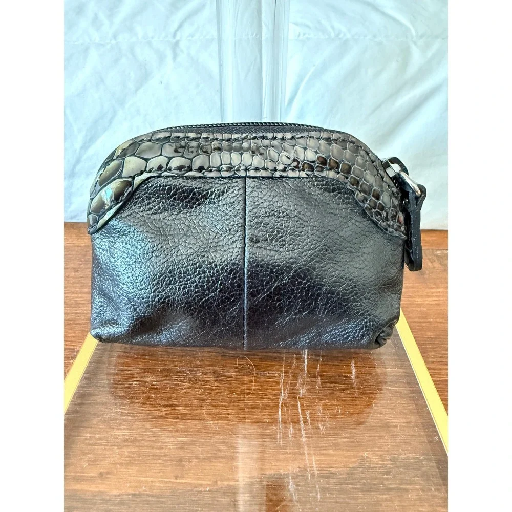 Brighton Black Leather Croc Trim Heart Cosmetic Pouch Leopard Lining